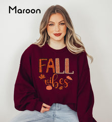 Thanksgiving Sweatshirt Fall Vibes Shirt, Plaid Pattern Fall Outfit, Boys Thanksgiving Gift for Him, Cozy Autumn Leaves Pumpkin Sweatshirt - Image 2