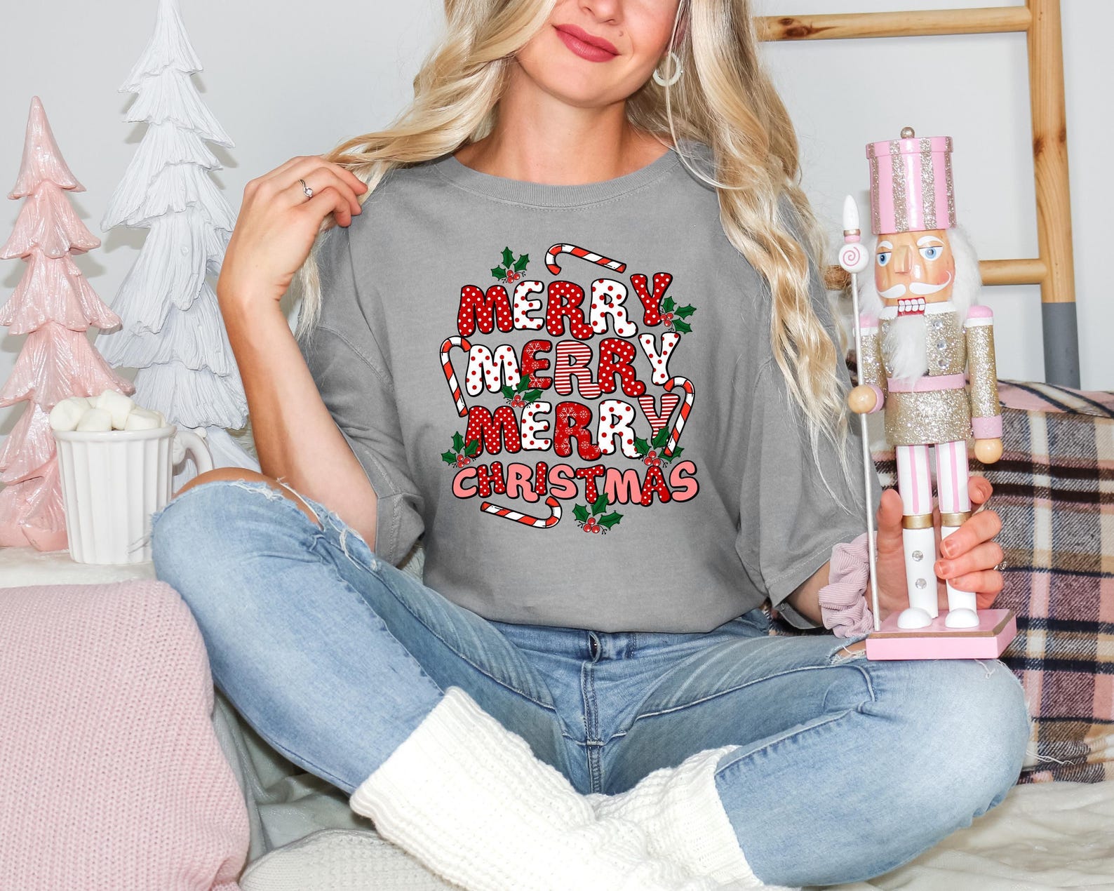 Comfort Colors® Merry Christmas Shirt, Candy Cane Holiday Tee, Cute Christmas Shirt Women, Retro Christmas Party T-Shirt, Gift for Mom - Image 5
