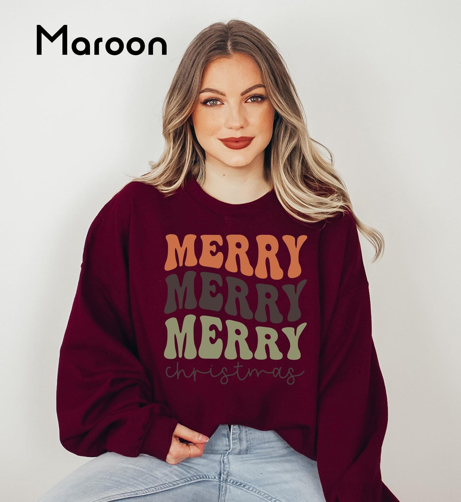 Merry Merry Christmas Sweatshirt, Retro Holiday Crewneck, Vintage Style Winter Pullover, Cozy Christmas Gift, Cute Womens Xmas Sweater - Image 2