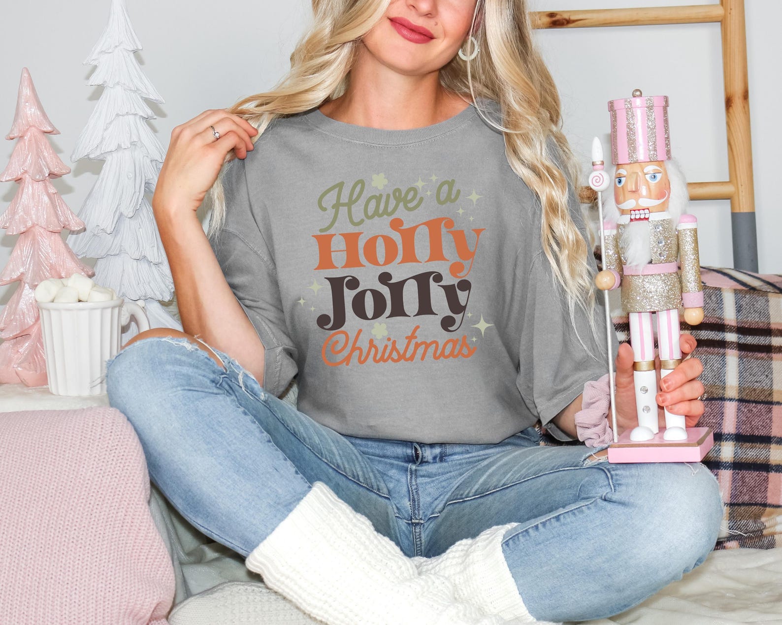 Comfort Colors® Have a Holly Jolly Christmas Shirt, Pink Holiday Graphic Tee, Cute Christmas Shirt Women, Vintage Holiday Party T-Shirt - Image 3