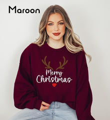 Merry Christmas Reindeer Sweatshirt, Cute Holiday Crewneck, Cozy Christmas Sweatshirt, Rudolph Nose Pullover, Festive Winter Gift Sweater - Image 3