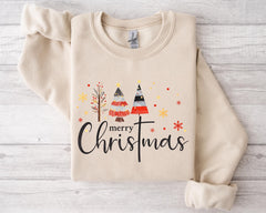 Merry Christmas Trees Sweatshirt, Cute Holiday Crewneck, Festive Winter Pullover, Cozy Christmas Sweater, Christmas Gift for Her - Image 2