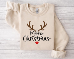 Merry Christmas Reindeer Sweatshirt, Cute Holiday Crewneck, Cozy Christmas Sweatshirt, Rudolph Nose Pullover, Festive Winter Gift Sweater - Image 2