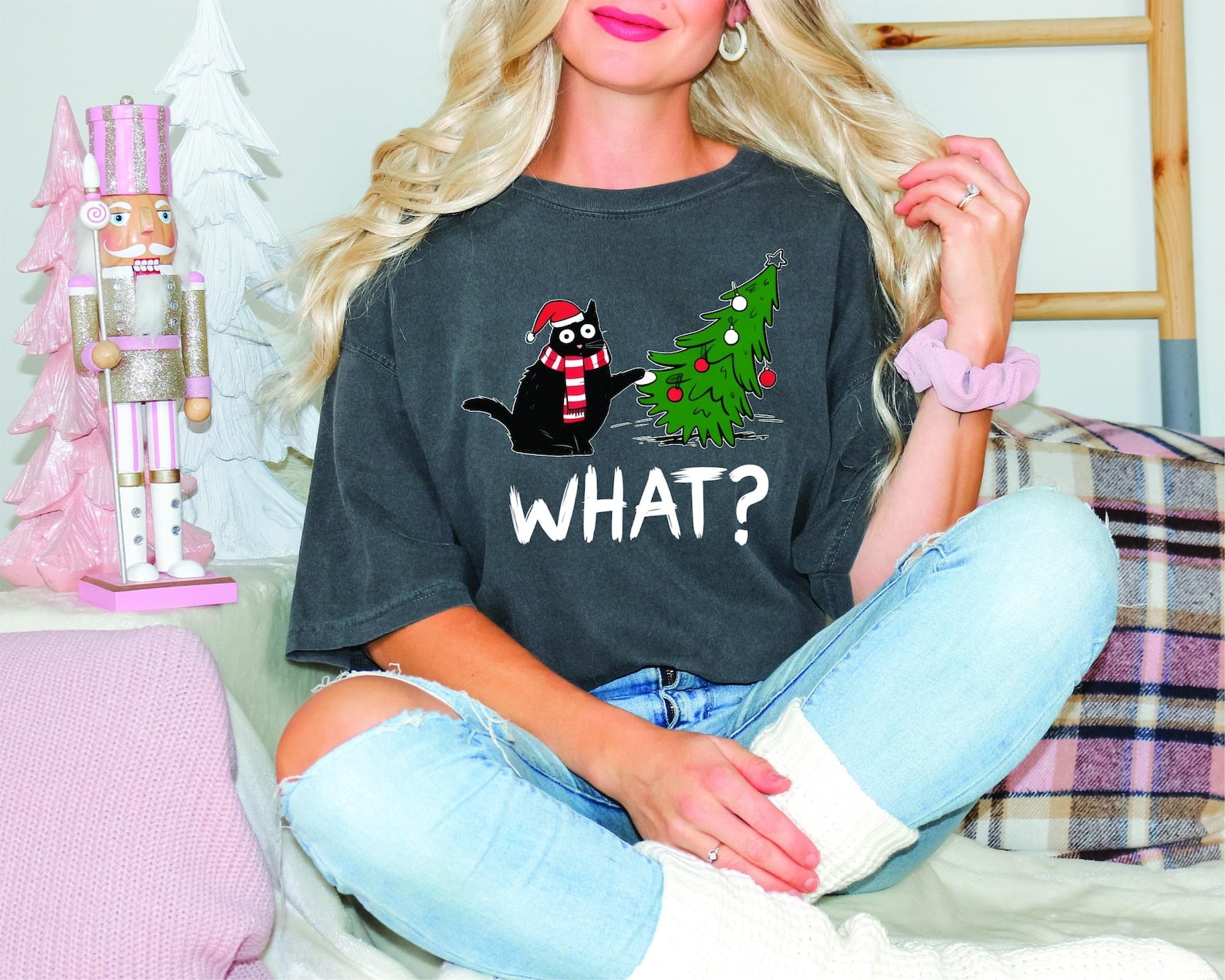 Comfort Colors® Funny Cat Christmas Shirt, What? Cat and Tree Tee, Cute Holiday T-Shirt for Cat Lovers, Christmas Gift Shirt, Santa Cat Tee - Image 5