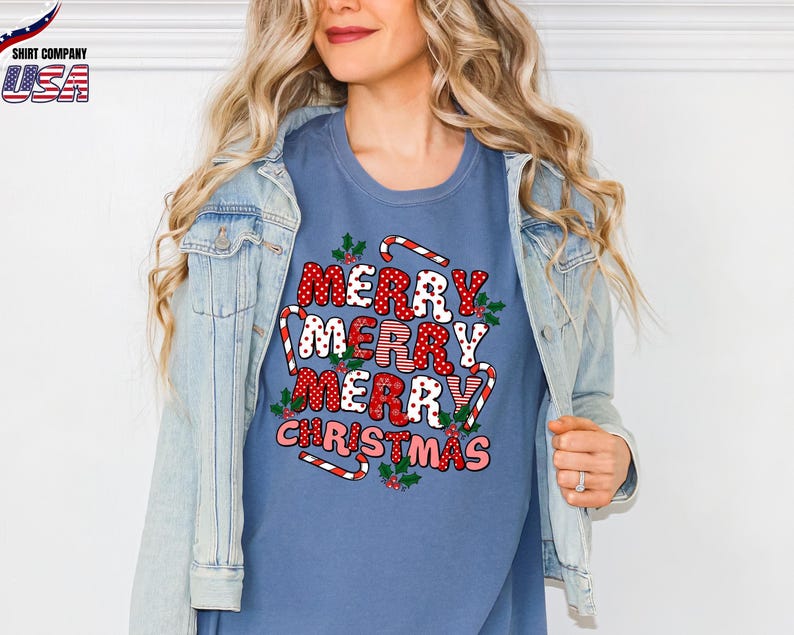 Comfort Colors® Merry Christmas Shirt, Candy Cane Holiday Tee, Cute Christmas Shirt Women, Retro Christmas Party T-Shirt, Gift for Mom