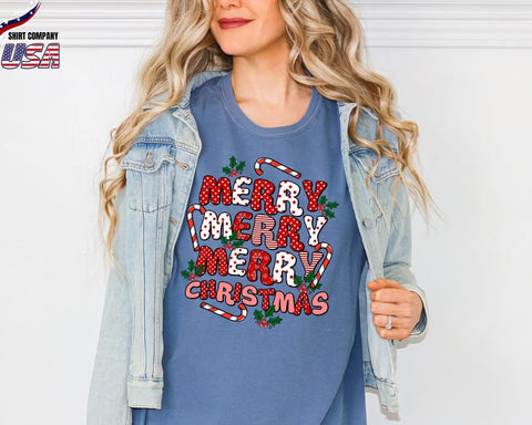 Comfort Colors® Merry Christmas Shirt, Candy Cane Holiday Tee, Cute Christmas Shirt Women, Retro Christmas Party T-Shirt, Gift for Mom