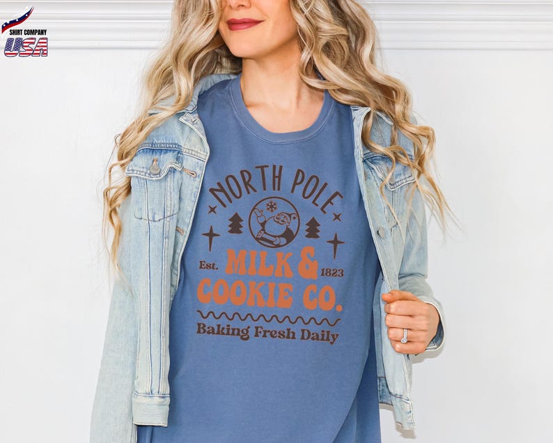 Comfort Colors® North Pole Milk & Cookie Co. Shirt, Cute Holiday Baking Tee, Retro Santa Cookie Shirt, Funny Christmas Shirt Women