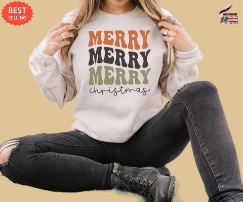 Merry Merry Christmas Sweatshirt, Retro Holiday Crewneck, Vintage Style Winter Pullover, Cozy Christmas Gift, Cute Womens Xmas Sweater