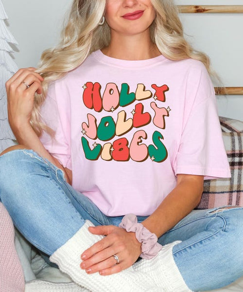 Comfort Colors® Holly Jolly Vibes Shirt, Retro Christmas Tee, Cute Pastel Holiday Shirt, Festive Xmas Top, Cozy Winter Outfit