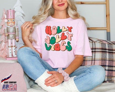 Comfort Colors® Holly Jolly Vibes Shirt, Retro Christmas Tee, Cute Pastel Holiday Shirt, Festive Xmas Top, Cozy Winter Outfit