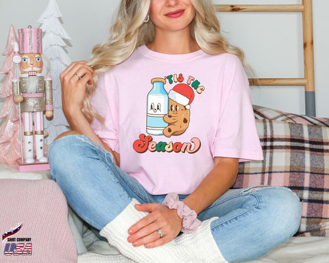 Comfort Colors® Tis The Season Milk and Cookie Shirt, Cute Holiday Tee, Funny Christmas Shirt Women, Festive Party Outfit