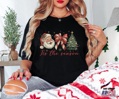 Comfort Colors® Tis The Season Christmas Shirt, Santa Christmas Shirt Women, Cute Holiday Shirt, Christmas Tree Shirt, Retro Christmas Tee