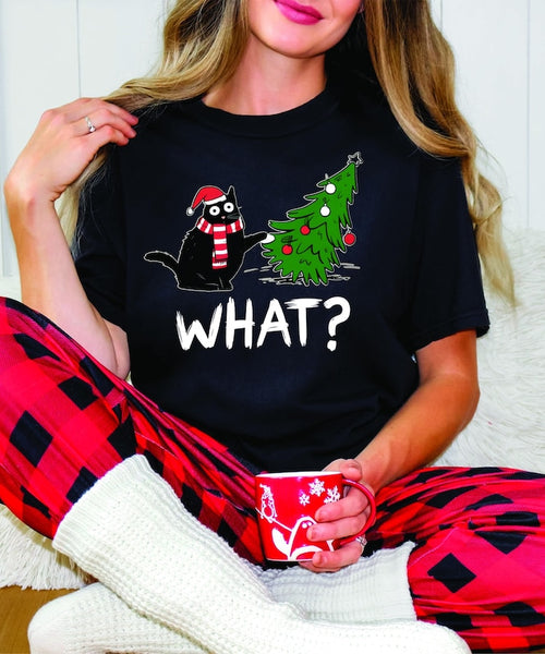 Comfort Colors® Funny Cat Christmas Shirt, What? Cat and Tree Tee, Cute Holiday T-Shirt for Cat Lovers, Christmas Gift Shirt, Santa Cat Tee