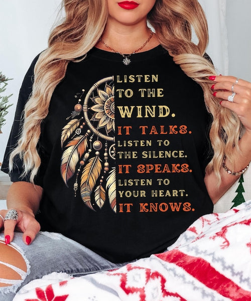 Comfort Colors® Listen to the Wind Native Feather Shirt, Boho Dreamcatcher Shirt for Women, Tribal Graphic Tee, Native American Style Shirt