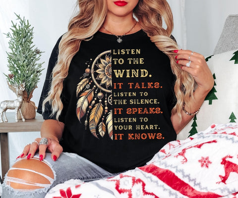 Comfort Colors® Listen to the Wind Native Feather Shirt, Boho Dreamcatcher Shirt for Women, Tribal Graphic Tee, Native American Style Shirt